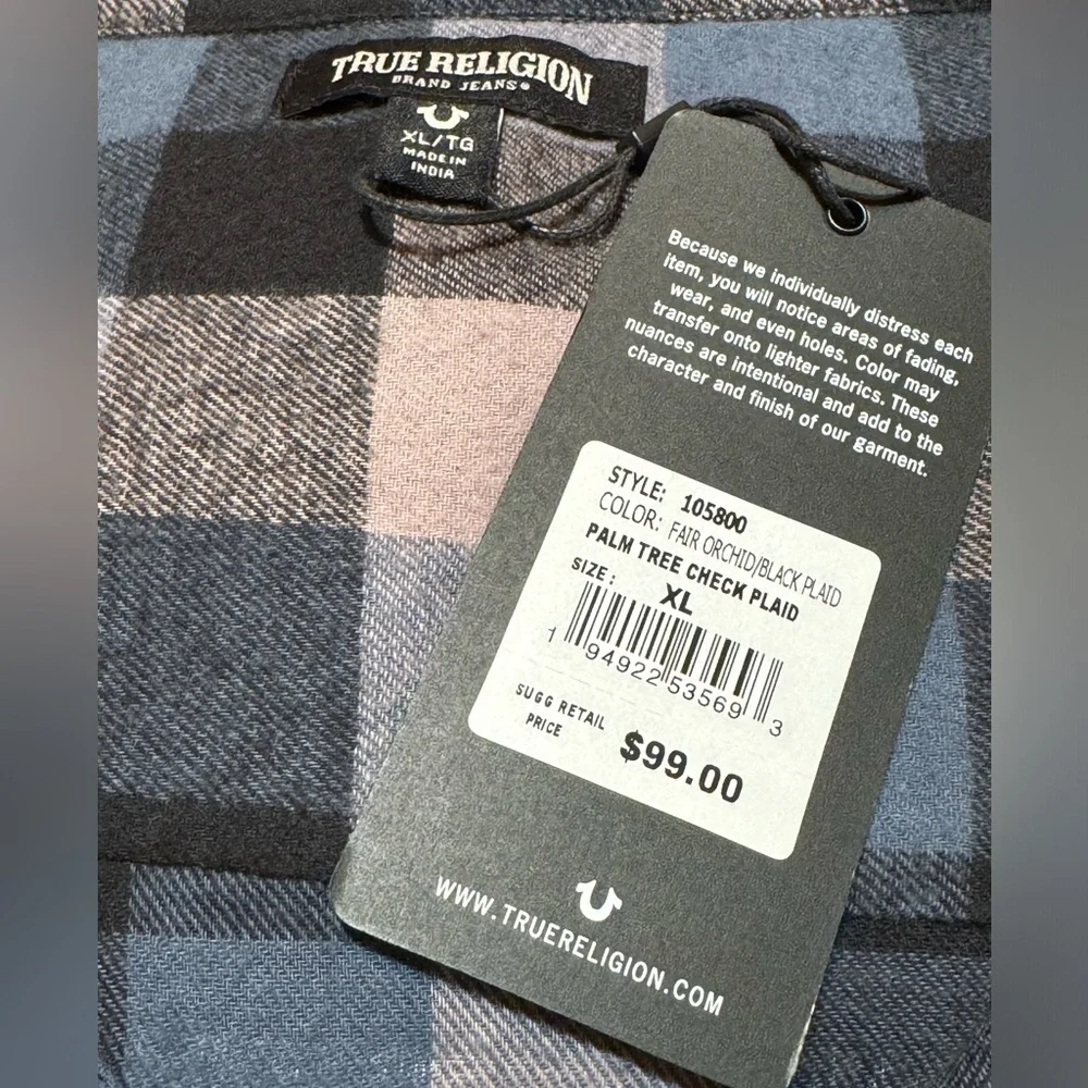 True Religion Palm Tree Check Plaid Long Sleeve Button Down Shirt. NWT. Size- XL